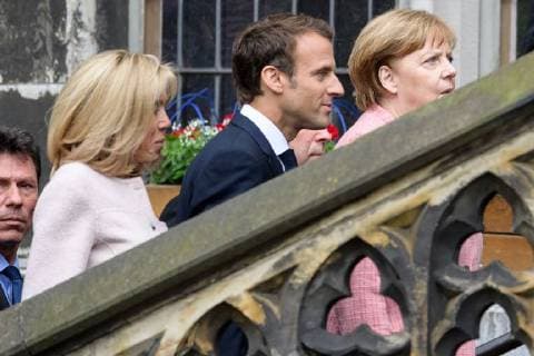 Presentation of the International Charlemagne Prize to Aachen 10 05 2018 by Brigitte Macron the French President Emmanuel Macron and Chancellor Dr Angela Merkel at the presentation of the International Charlemagne Prize to Aachen on 10 05 2018 Aacgeb NRW Germany