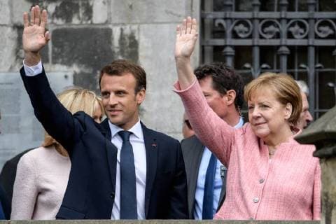 Presentation of the International Charlemagne Prize to Aachen 10 05 2018 from the French President Emmanuel Macron and Chancellor Angela Merkel at the presentation of the International Charlemagne Prize to Aachen on 10 05 2018 Aacgeb NRW Germany