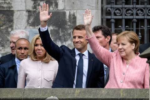 Presentation of the International Charlemagne Prize to Aachen 10 05 2018 by Brigitte Macron the French President Emmanuel Macron and Chancellor Dr Angela Merkel at the presentation of the International Charlemagne Prize to Aachen on 10 05 2018 Aacgeb NRW Germany
