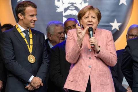 Presentation of the International Charlemagne Prize to Aachen 10 05 2018 from the French President Emmanuel Macron and Chancellor Angela Merkel at the presentation of the International Charlemagne Prize to Aachen on 10 05 2018 Aacgeb NRW Germany