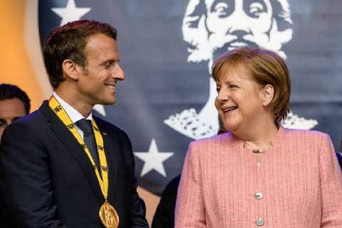 Presentation of the International Charlemagne Prize to Aachen 10 05 2018 from the French President Emmanuel Macron and Chancellor Angela Merkel at the presentation of the International Charlemagne Prize to Aachen on 10 05 2018 Aacgeb NRW Germany
