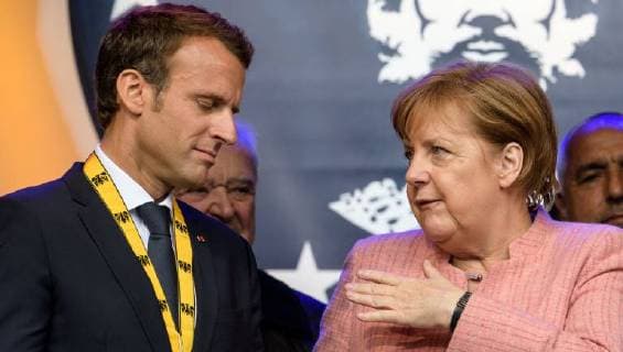 Presentation of the International Charlemagne Prize to Aachen 10 05 2018 from the French President Emmanuel Macron and Chancellor Angela Merkel at the presentation of the International Charlemagne Prize to Aachen on 10 05 2018 Aacgeb NRW Germany