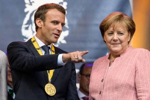 Presentation of the International Charlemagne Prize to Aachen 10 05 2018 from the French President Emmanuel Macron and Chancellor Angela Merkel at the presentation of the International Charlemagne Prize to Aachen on 10 05 2018 Aacgeb NRW Germany