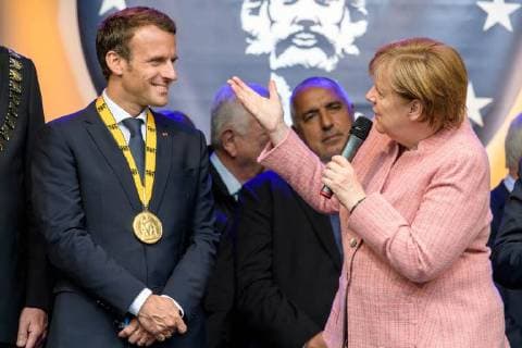 Presentation of the International Charlemagne Prize to Aachen 10 05 2018 from the French President Emmanuel Macron and Chancellor Angela Merkel at the presentation of the International Charlemagne Prize to Aachen on 10 05 2018 Aacgeb NRW Germany