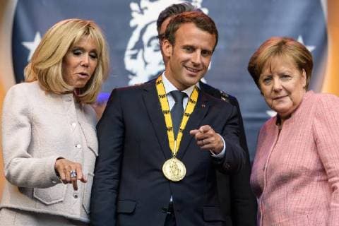 Presentation of the International Charlemagne Prize to Aachen 10 05 2018 by Brigitte Macron the French President Emmanuel Macron and Chancellor Dr Angela Merkel at the presentation of the International Charlemagne Prize to Aachen on 10 05 2018 Aacgeb NRW Germany