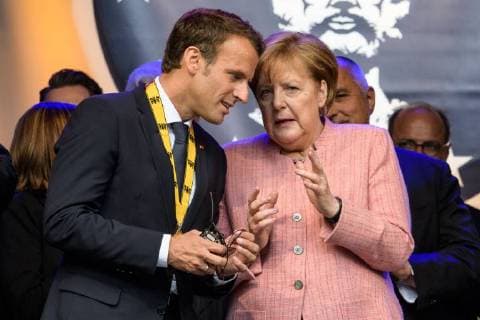 Presentation of the International Charlemagne Prize to Aachen 10 05 2018 from the French President Emmanuel Macron and Chancellor Angela Merkel at the presentation of the International Charlemagne Prize to Aachen on 10 05 2018 Aacgeb NRW Germany