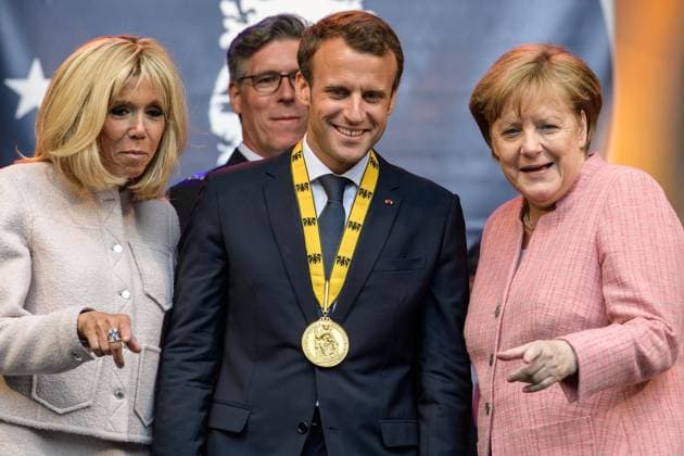 Presentation of the International Charlemagne Prize to Aachen 10 05 2018 by Brigitte Macron the French President Emmanuel Macron and Chancellor Dr Angela Merkel at the presentation of the International Charlemagne Prize to Aachen on 10 05 2018 Aacgeb NRW Germany