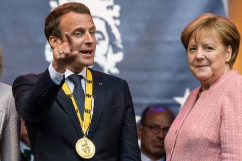Presentation of the International Charlemagne Prize to Aachen 10 05 2018 vl The French President Emmanuel Macron and Chancellor Dr Angela Merkel at the presentation of the International Charlemagne Prize to Aachen on 10 05 2018 Aacgeb NRW Germany