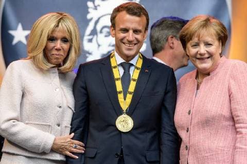 Presentation of the International Charlemagne Prize to Aachen 10 05 2018 by Brigitte Macron the French President Emmanuel Macron and Chancellor Dr Angela Merkel at the presentation of the International Charlemagne Prize to Aachen on 10 05 2018 Aacgeb NRW Germany