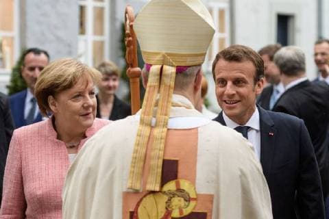 Presentation of the International Charlemagne Prize to Aachen 10 05 2018 Federal Chancellor Dr Angela Merkel French President Emmanuel Macron with the Bishop of Aachen Bishop Dr Helmut at the presentation of the International Charlemagne Prize to Aachen on 10 05 2018 Aacgeb NRW Germany