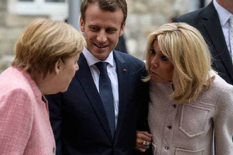 Presentation of the International Charlemagne Prize to Aachen 10 05 2018 vl Federal Chancellor Dr Angela Merkel French President Emmanuel Macron Brigitte Macron at the presentation of the International Charlemagne Prize to Aachen on 10 05 2018 Aacgeb NRW Germany