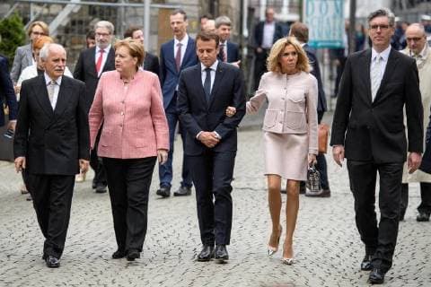 Presentation of the International Charlemagne Prize to Aachen 10 05 2018 vl Jürgen Linde Federal Chancellor Dr Angela Merkel French President Emmanuel Macron Brigitte Macron and Mayor of Aachen Marcel Philipp at the presentation of the International Charlemagne Prize to Aachen on 10 05 2018 Aacgeb NRW Germany