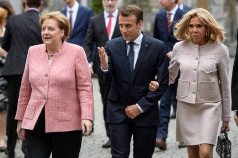 Presentation of the International Charlemagne Prize to Aachen 10 05 2018 Federal Chancellor Dr Angela Merkel French President Emmanuel Macron Brigitte Macron at the presentation of the International Charlemagne Prize to Aachen on 10 05 2018 Aacgeb NRW Germany