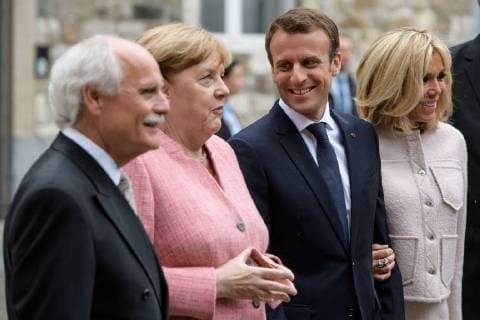 Presentation of the International Charlemagne Prize to Aachen 10 05 2018 vl Jürgen Linde Federal Chancellor Dr Angela Merkel French President Emmanuel Macron Brigitte Macron at the presentation of the International Charlemagne Prize to Aachen on 10 05 2018 Aacgeb NRW Germany