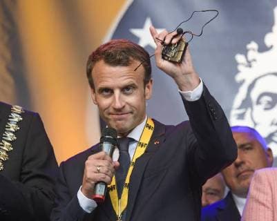 Presentation of the Charlemagne Prize 2018 to Emmanuel Macron The picture shows the French President Emmanuel Macron on the stage of the Katschhof in Aachen 2018 Presentation of the Charlemagne Prize 2018 to Emmanuel Macron