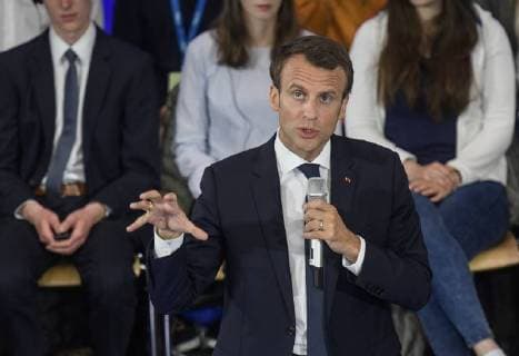 Presentation of the Charlemagne Prize 2018 to Emmanuel Macron The picture shows the French President Emmanuel Macron in the auditorium building C A R L The RWTH in discussion with students who ask him about topics about Europe 2018 Awarding of the Karlspreis 2018 to Emmanuel Macron