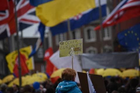 Protest rally during the ceremony in front of the town hall of Aachen Demonstration against nuclear energy in Aachen during the ceremony of the Charlemagne prize for the French President Emmanouel Macron, in Aachen on May 10, 2018