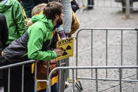 Protest rally during the ceremony in front of the town hall of Aachen Demonstration against nuclear energy in Aachen during the ceremony of the Charlemagne prize for the French President Emmanouel Macron, in Aachen on May 10, 2018