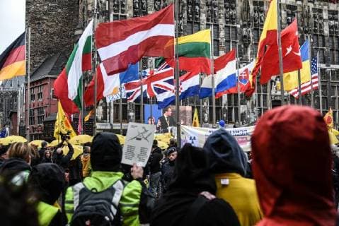 Protest rally during the ceremony in front of the town hall of Aachen Demonstration against nuclear energy in Aachen during the ceremony of the Charlemagne prize for the French President Emmanouel Macron, in Aachen on May 10, 2018