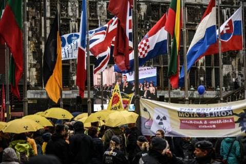 Protest rally during the ceremony in front of the town hall of Aachen Demonstration against nuclear energy in Aachen during the ceremony of the Charlemagne prize for the French President Emmanouel Macron, in Aachen on May 10, 2018