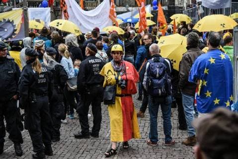 Protest rally during the ceremony in front of the town hall of Aachen Demonstration against nuclear energy in Aachen during the ceremony of the Charlemagne prize for the French President Emmanouel Macron, in Aachen on May 10, 2018