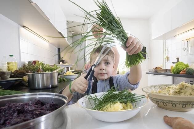 Little boy cutting fresh organic chives in kitchen mit_2017_10348