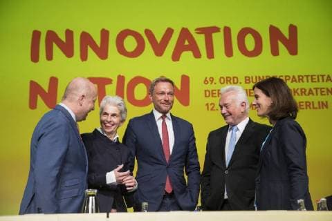 Christian Lindner C and Wolfgang Kubicki 2R at the beginning of the 69th Ordinary Party Congress in Berlin on 12 May 2018 69 Ordinary Party Congress of the FDP in Berlin