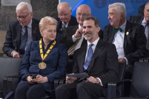 French President Emmanuel Macron has been honored with the International Charlemagne Prize in Aachen In the circle of heads of state and government and former Charlemagne Prize winners, the French President was honored in the Coronation Hall in Aachen Photo Dalia Grybauskaite Lithuania King FelipeVI Spain Aachen Coronation Hall NRW Germany