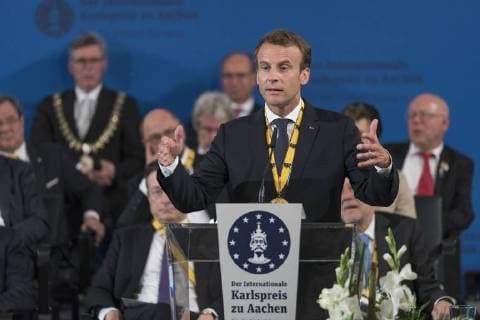 French President Emmanuel Macron has been honored with the International Charlemagne Prize at Aachen In the circle of heads of state and government and former Charlemagne Prize winners, the French President was honored in the Coronation Hall in Aachen Aachen Coronation Hall NRW Germany