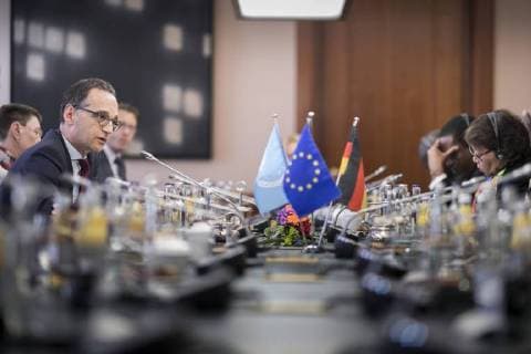 Themen der Woche KW20 News-Bilder des Tages Bundesaussenminister Heiko Maas, SPD, trifft sich mit UN-Botschaftern im Auswaertigen Amt in Berlin, 14.05.2018. Berlin Germany *** Federal Foreign Minister Heiko Maas SPD meets with UN ambassadors at the Foreign Office in Berlin 14 05 2018 Berlin Germany Copyright: xFlorianxGaertnerx