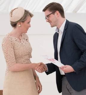 Queen Mathilde of Belgium and German finalist Samuel Hasselhorn pictured during the award ceremony for the laureates of the Queen Elisabeth Competition for Voice 2018, at the Queen Elisabeth Music Chapel (Chapelle Musicale Reine Elisabeth - Muziekkapel Koningin Elisabeth), in Waterloo, Tuesday 15 May 2018.  BENOITxDOPPAGNE 05346585