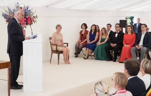Queen Elisabeth Competition chairman Baron Jan Huyghebaert, Queen Mathilde of Belgium, Belgian finalist Mariannen Croux, French finalist Heloise Mas, Spanish finalist Rocio Perez, Chinese finalist Ao Li, French finalist Eva Zaicik and German finalist Samuel Hasselhorn pictured during the award ceremony for the laureates of the Queen Elisabeth Competition for Voice 2018, at the Queen Elisabeth Music Chapel (Chapelle Musicale Reine Elisabeth - Muziekkapel Koningin Elisabeth), in Waterloo, Tuesday 15 May 2018.  BENOITxDOPPAGNE 05346636