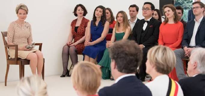 Queen Mathilde of Belgium, Belgian finalist Mariannen Croux, French finalist Heloise Mas, Spanish finalist Rocio Perez, Chinese finalist Ao Li, French finalist Eva Zaicik and German finalist Samuel Hasselhorn pictured during the award ceremony for the laureates of the Queen Elisabeth Competition for Voice 2018, at the Queen Elisabeth Music Chapel (Chapelle Musicale Reine Elisabeth - Muziekkapel Koningin Elisabeth), in Waterloo, Tuesday 15 May 2018.  BENOITxDOPPAGNE 05346637