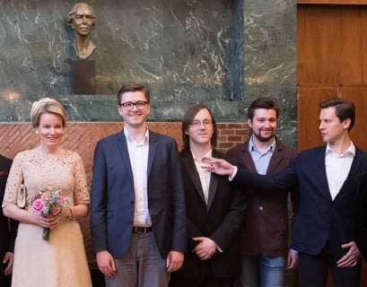 Queen Mathilde of Belgium, German finalist Samuel Hasselhorn, US finalist Alex DeSocio, Ukrainian finalist Yuriy Hadzetskyy and Ukrainan finalist Danylo Matviienko pictured during the award ceremony for the laureates of the Queen Elisabeth Competition for Voice 2018, at the Queen Elisabeth Music Chapel (Chapelle Musicale Reine Elisabeth - Muziekkapel Koningin Elisabeth), in Waterloo, Tuesday 15 May 2018.  BENOITxDOPPAGNE 05346634
