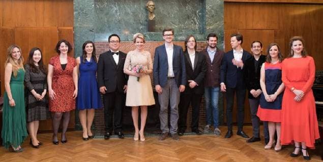 Spanish finalist Rocio Perez, South-Korean finalist Sooyeon Lee, Belgian finalist Mariannen Croux, French finalist Heloise Mas, Chinese finalist Ao Li, Queen Mathilde of Belgium, German finalist Samuel Hasselhorn, US finalist Alex DeSocio, Ukrainian finalist Yuriy Hadzetskyy, Ukrainan finalist Danylo Matviienko, Argentinian finalist Enrique German Alcantara, Belgian finalist Charlotte Wajnberg and French finalist Eva Zaicik pictured during the award ceremony for the laureates of the Queen Elisabeth Competition for Voice 2018, at the Queen Elisabeth Music Chapel (Chapelle Musicale Reine Elisabeth - Muziekkapel Koningin Elisabeth), in Waterloo, Tuesday 15 May 2018.  BENOITxDOPPAGNE 05346633