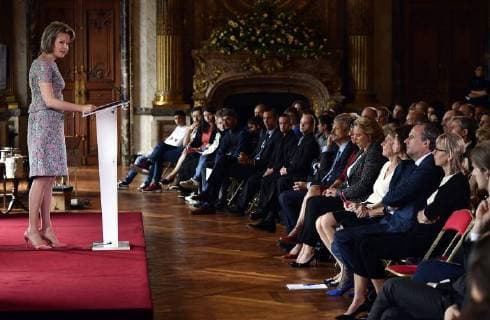 Queen Mathilde of Belgium delivers a speech during a ceremony to award the Queen Mathilde Award 2018, in Brussels, Wednesday 16 May 2018. The winner of the Queen Mathilde award is selected by a youth jury from one of the thirteen Queen Mathilde Foundation projects  ERICxLALMAND 05346916