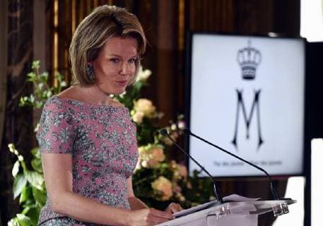 Queen Mathilde of Belgium delivers a speech during a ceremony to award the Queen Mathilde Award 2018, in Brussels, Wednesday 16 May 2018. The winner of the Queen Mathilde award is selected by a youth jury from one of the thirteen Queen Mathilde Foundation projects  ERICxLALMAND 05346918
