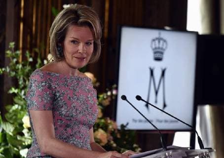 Queen Mathilde of Belgium delivers a speech during a ceremony to award the Queen Mathilde Award 2018, in Brussels, Wednesday 16 May 2018. The winner of the Queen Mathilde award is selected by a youth jury from one of the thirteen Queen Mathilde Foundation projects  ERICxLALMAND 05346919