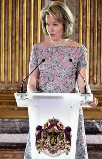 Queen Mathilde of Belgium delivers a speech during a ceremony to award the Queen Mathilde Award 2018, in Brussels, Wednesday 16 May 2018. The winner of the Queen Mathilde award is selected by a youth jury from one of the thirteen Queen Mathilde Foundation projects  ERICxLALMAND 05346924