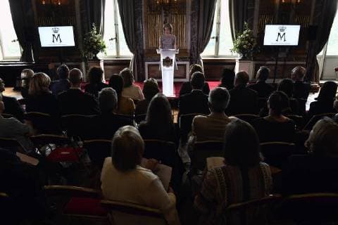 Queen Mathilde of Belgium delivers a speech during a ceremony to award the Queen Mathilde Award 2018, in Brussels, Wednesday 16 May 2018. The winner of the Queen Mathilde award is selected by a youth jury from one of the thirteen Queen Mathilde Foundation projects  ERICxLALMAND 05346942