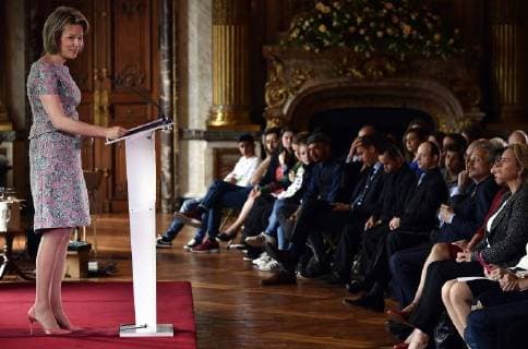 Queen Mathilde of Belgium delivers a speech during a ceremony to award the Queen Mathilde Award 2018, in Brussels, Wednesday 16 May 2018. The winner of the Queen Mathilde award is selected by a youth jury from one of the thirteen Queen Mathilde Foundation projects  ERICxLALMAND 05346943