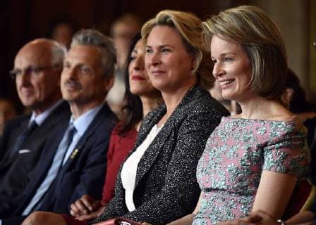 Brussels region Minister of Housing, Quality of life, Environmental Maintenance, Energy, Water Policy and Agriculture Celine Fremault and Queen Mathilde of Belgium pictured during a ceremony to award the Queen Mathilde Award 2018, in Brussels, Wednesday 16 May 2018. The winner of the Queen Mathilde award is selected by a youth jury from one of the thirteen Queen Mathilde Foundation projects  ERICxLALMAND 05346938