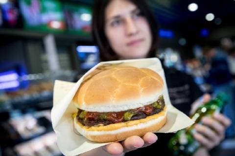 MOSCOW, RUSSIA â€“ MAY 17, 2018: A burger with a football bun at a Gazprom Neft filling station. Sergei Bobylev TASS  TS0801DD