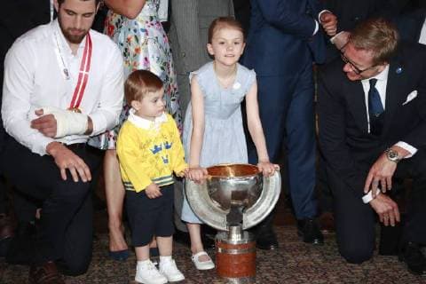 Crown princess Victoria, prince Daniel, princess Estelle, prince Oscar, prince Carl Philip Audience with the Swedish national ice hockey team, Tre Kronor, Royal Palace, Stockholm, 2018-05-21 Estelle de Suede;Oscar Carl Olav de Suede (Victoria de Suede and Daniel Westling s son) Stockholm Sweden  586490
