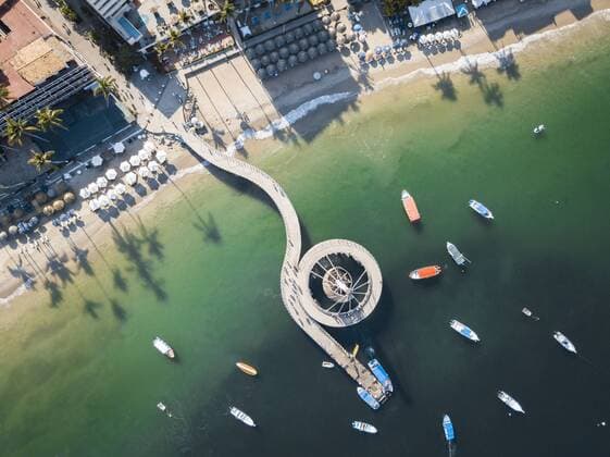 Mexico, Jalisco, Aerial view at Los Muertos beach and pier in Puerto Vallarta  ABAF02209