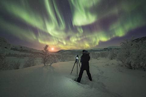 Photographer photographing Northern Lights Aurora Borealis Kilpisjärvi Lapland Finland Europe Copyright: imageBROKER/RobertxHaasmann ibxroh04680304.jpg