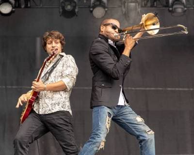 May 25, 2018 - Napa, California, U.S - PETE MURANO and TROY ANDREWS of Trombone Shorty and Orleans Avenue during BottleRock Music Festival at Napa Valley Expo in Napa, California Napa U.S. - ZUMAs135 20180525_zap_s135_507 Copyright: xDanielxDeSloverx