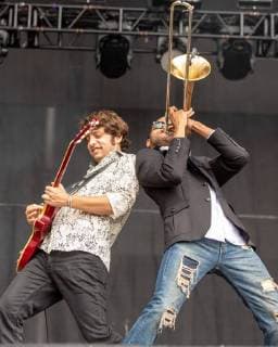 May 25, 2018 - Napa, California, U.S - PETE MURANO and TROY ANDREWS of Trombone Shorty and Orleans Avenue during BottleRock Music Festival at Napa Valley Expo in Napa, California Napa U.S. - ZUMAs135 20180525_zap_s135_566 Copyright: xDanielxDeSloverx
