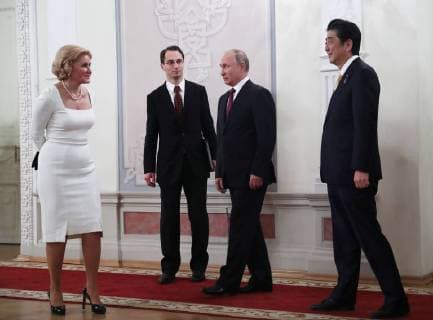 MOSCOW, RUSSIA â€“ MAY 26, 2018: Russia s Deputy Prime Minister Olga Golodets (L), Japan s Prime Minister Shinzo Abe, and Russia s President Vladimir Putin (R-L) at a concert marking the start of the Russia-Japan Year of Culture at the Bolshoi Theatre. Sergei Savostyanov TASS  TS0817BE