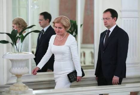 MOSCOW, RUSSIA â€“ MAY 26, 2018: Russia s Deputy Prime Minister Olga Golodets (L) and Russia s Culture Minister Vladimir Medinsky at a concert marking the start of the Russia-Japan Year of Culture at the Bolshoi Theatre. Sergei Savostyanov TASS  TS0817BF